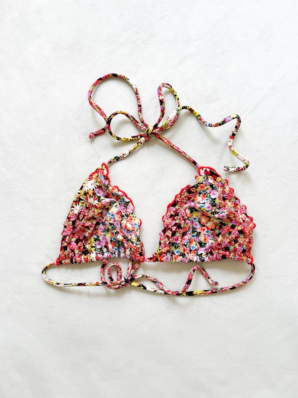 Luli Fama Floral Triangle Bikini Top in Pink & White Medium